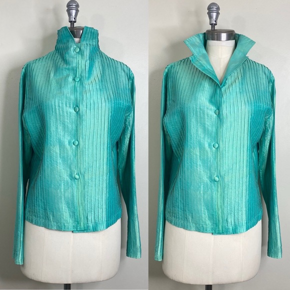 GRACIE MADE IN VIETNAM 100% DUPIONI SILK BUTTON UP LONG SLEEVE PIN TUCK TOP XL - Picture 1 of 8
